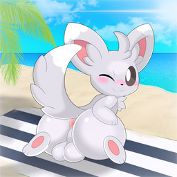 anthro anthrofied anus backsack balls beach beach_towel big_butt black_sclera blush butt cloud feet fur genitals grey_body grey_fur hand_on_butt hindpaw kneeling looking_at_viewer looking_back male nude nude_beach nude_male one_eye_closed outdoor_nudity outside paws pokemorph raised_tail rear_view sea seaside sky smile solo sun tail towel water white_eyes wink lemonlime nintendo pokemon generation_5_pokemon minccino pokemon_(species) 1:1 2021 absurd_res digital_media_(artwork) hi_res huge_filesize