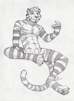 animal_genitalia anthro armwear athletic athletic_anthro athletic_male balls claws clothing facial_markings front_view fully_sheathed fur genitals glistening glistening_eyes head_markings legwear looking_at_viewer male male_anthro markings mouth_closed pattern_armwear pattern_clothing pattern_legwear pawpads sheath simple_background sitting solo striped_armwear striped_body striped_clothing striped_face striped_fur striped_legs striped_legwear striped_markings striped_shoulder striped_tail stripes tail tail_markings toe_claws hufnaar hufnaar_(character) felid mammal pantherine tiger 2020 dated hi_res monochrome sketch
