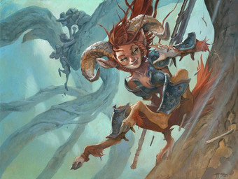 armor biped braided_hair breasts brown_body brown_fur female fur group hair hooves horn looking_aside pauldron red_hair roots smile solo_focus tail unguligrade jesper_ejsing hasbro magic:_the_gathering wizards_of_the_coast humanoid satyr 2022 official_art traditional_media_(artwork)