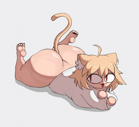 ahoge animal_ears animal_tail big_butt blonde_hair bottomless breasts butt clothed clothing featureless_hands feet feet_up female grey_background hair huge_butt inner_ear_fluff lying on_front pupils red_eyes short_hair simple_background slit_pupils solo tan_body tan_skin thick_thighs topwear tuft white_clothing white_topwear wide_hips medlinss melty_blood tsukihime type-moon neco-arc animal_humanoid cat_humanoid felid felid_humanoid feline feline_humanoid humanoid mammal mammal_humanoid