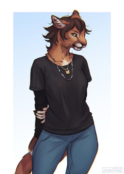 anthro black_clothing black_shirt black_t-shirt black_topwear blue_bottomwear blue_clothing blue_pants border bottomwear brown_hair brown_nose cheek_tuft clothed clothing ear_piercing facial_piercing facial_tuft female front_view fur glistening glistening_eyes gradient_background green_eyes hair industrial_piercing inner_ear_fluff jewelry lip_piercing lip_stud looking_at_viewer mouth_closed neck_tuft necklace orange_body orange_fur pants piercing shirt simple_background snakebite_piercing solo standing t-shirt topwear tuft whiskers white_body white_border white_fur white_inner_ear_fluff lostgoose margaret_(lostgoose) felid mammal 2022 dated hi_res portrait signature three-quarter_portrait