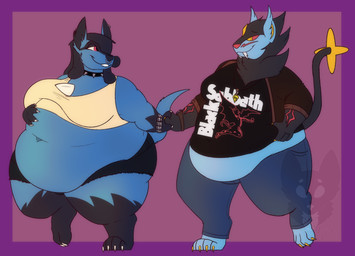 4_claws 4_fingers 4_toes anthro barefoot belly big_belly big_breasts big_moobs biped black_body black_bottomwear black_clothing black_fur black_hair black_mane black_markings black_shorts black_tail blue_body blue_bottomwear blue_clothing blue_fur blue_jeans blue_pants blue_tail border bottomwear bracelet breasts brown_clothing brown_jacket brown_topwear chest_spike claws clothed clothed_anthro clothed_female clothed_male clothing collar denim denim_bottomwear denim_clothing duo facial_piercing fangs feet female female_anthro fingers fur gloves_(marking) hair hand_holding hand_on_belly jacket jeans jewelry leg_markings male male/female male_anthro mane markings moobs navel nose_piercing nose_ring obese obese_anthro obese_female obese_male open_clothing open_jacket open_topwear overweight overweight_anthro overweight_female overweight_male pants piercing pink_background purple_border red_eyes red_markings red_nose red_sclera ring_piercing shirt shorts simple_background socks_(marking) spiked_collar spikes spikes_(anatomy) t-shirt tail tan_clothing tan_shirt tan_tank_top tan_topwear tank_top teeth toes topwear walking white_claws white_spikes yellow_claws yellow_eyes strawberrymilkdog black_sabbath nintendo pokemon dakota_(jedirogue1) tyler_(jedirogue1) canid canine felid generation_4_pokemon lucario luxray mammal pantherine pokemon_(species) 2022 colored hi_res shaded watermark