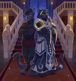 anthro black_body black_fur cheek_tuft clothed clothing crossed_arms detailed_background duo facial_tuft front_view fur gloves handwear hat headgear headwear inside library looking_at_viewer male mouth_closed night robe stairs toony tuft whiskers window yellow_eyes corzh77 otsdarva felid mammal detailed hi_res