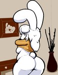 anthro big_butt bottomless breasts butt clothed clothing drawer female fur hair looking_at_viewer looking_back photo picture_frame plant raised_clothing raised_sweater raised_topwear scut_tail short_tail solo sweater tail thick_thighs topwear white_body white_breasts white_ears white_fur white_hair white_tail wide_hips yellow_clothing yellow_sweater yellow_topwear bunsandnoble phoebe_(bunsandnoble) lagomorph leporid mammal rabbit