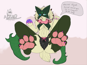 anthro ball_of_yarn biped black_clothing black_panties black_underwear blue_eyes breast_curtains breasts claws clothed clothing convenient_censorship dialogue feet female foot_fetish frilly frilly_clothing frilly_panties frilly_underwear fur green_body green_eyes green_fur heterochromia inviting logo looking_at_viewer lying medium_breasts navel on_back panties pawpads paws seductive short_tail solo speech_bubble spread_legs spreading tail talking_to_viewer text toe_claws topless topless_anthro topless_female underwear yarn alzar_fox nintendo pokemon generation_9_pokemon meowscarada pokemon_(species) 2025 artist_logo artist_name dated english_text