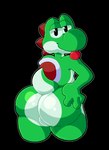 anthro backsack balls black_background blep butt butt_focus genitals glistening glistening_body green_body looking_at_viewer looking_back male narrowed_eyes presenting presenting_hindquarters raised_tail red_shell shell short_tail simple_background solo tail tongue tongue_out enoopycat mario_bros nintendo yoshi_(character) green_yoshi humanoid scalie yoshi 2023 absurd_res digital_media_(artwork) hi_res