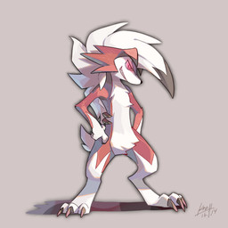 ambiguous_gender anthro biped cheek_tuft claws dipstick_ears ear_markings facial_tuft fur grin multicolored_body multicolored_ears multicolored_fur red_body red_eyes red_fur ringed_eyes sharp_teeth simple_background smile solo standing teeth toe_claws tuft two_tone_body two_tone_fur white_body white_fur knollplaid nintendo pokemon canid canine generation_7_pokemon lycanroc mammal midnight_lycanroc pokemon_(species) 1:1 2016 dated full-length_portrait hi_res portrait signature