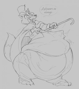 abdominal_bulge anthro belly big_belly cane cape clothing dialogue eyes_closed hat headgear headwear huge_belly male male_pred open_mouth rumbling_stomach same_size_vore speech_bubble struggling struggling_prey text top_hat vore whiskers indigested_omelette disney pinocchio "honest"_john_foulfellow canid canine fox mammal english_text hi_res