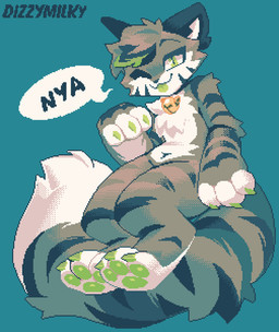 ambiguous_gender anthro bell bell_collar black_collar claws collar digitigrade feet fluffy fluffy_tail fur green_claws green_highlights green_pawpads green_tongue grey_body grey_fur handpaw head_tuft highlights_(coloring) hindpaw long_tail looking_at_viewer markings nya one_eye_closed paw_pose pawpads paws pose pupils simple_background slit_pupils solo striped_body striped_fur striped_markings stripes tail teal_background toe_claws tongue tongue_out tuft wink winking_at_viewer dizzymilky cirme domestic_cat felid feline felis mammal digital_media_(artwork) dithering pixel_(artwork) shaded