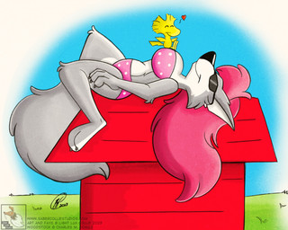 anthro bikini bikini_bottom bikini_top clothing doghouse female solo swimwear text two-piece_swimsuit lightluxcollie peanuts_(comic) faye_(lightluxcollie) woodstock_(peanuts) canid canine canis mammal wolf english_text hi_res