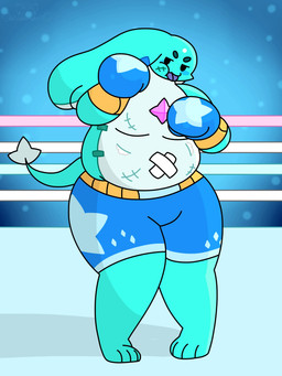 anthro bandage bandage_on_stomach blush boxing_gloves boxing_shorts bruised clothing fighting_ring gem handwear male scar slightly_chubby slightly_chubby_male solo tongue tongue_out wounded eagleknight23 thefreshsig brawl_stars supercell_(company) 3:4 absurd_res alternate_version_at_source character_request hi_res