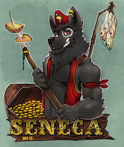 anthro black_nose clothed clothing coin ear_piercing ear_ring fish_meat food front_view fur grey_body grey_fur grin hat headgear headwear holding_melee_weapon holding_object holding_polearm holding_spear holding_weapon looking_at_viewer male male_anthro meat melee_weapon open_clothing open_topwear piercing polearm red_clothing red_eyes red_hat red_headwear red_topwear ring_piercing simple_background smile solo spear topwear treasure_chest weapon chumbasket canid canine mammal 2013 dated hi_res