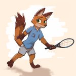 1:1 anthro barefoot biped bottomwear canid canine clothed clothing digital_media_(artwork) dipstick_tail disney enginetrap feet fox fur gloves_(marking) green_eyes hi_res holding_object leg_markings male mammal markings multicolored_tail nick_wilde orange_body orange_fur red_fox shaded shadow shirt shorts simple_background socks_(marking) solo tail tail_markings topwear true_fox zootopia