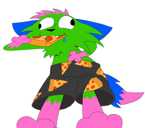 anthro bodily_fluids bottomwear clothing food fur green_body green_fur holding_food holding_object male multicolored_body multicolored_fur saliva shorts solo gigaderp123 don't_touch_my_pizza_(meme) nyanwolf kevin_(nyanwolf) hi_res