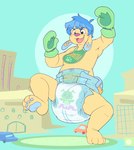 anthro bib blush bodily_fluids cardboard_container clothed clothing diaper drooling feet handwear male mental_regression mittens open_mouth pattern_diaper pawpads playing saliva solo stomping toy wearing_diaper bubblepuppers canid canine canis domestic_dog mammal hi_res