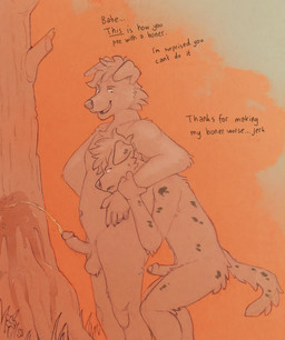 annoyed anthro balls bodily_fluids chokehold duo erection fluffy fluffy_hair foreskin fur fur_markings genital_fluids genitals hair headlock humanoid_genitalia humanoid_penis leaking_urine male male/male male_peeing marking_territory markings nude outdoor_nudity outside peeing peeing_on_tree peeing_while_erect penis plant semi_public simple_background simple_coloring slightly_chubby spots spotted_body steam teasing text tree urine flugeldog bird_dog border_collie canid canine canis collie domestic_dog golden_retriever herding_dog hunting_dog mammal pastoral_dog retriever sheepdog hi_res