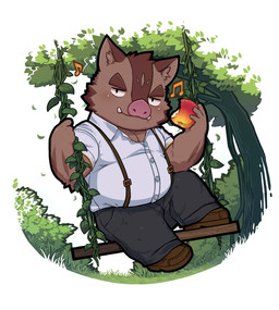 anthro apple belly biped bottomwear brown_body brown_fur chibi clothing detailed_background food fruit fur kemono male musical_note musical_symbol pants plant shirt slightly_chubby solo symbol topwear tree elvendays knights_college hermann_(knights_college) mammal suid suine sus_(pig) wild_boar 2025 hi_res