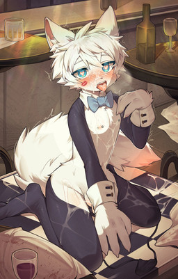 alcohol anthro balls bar beverage blue_eyes blush blush_lines bodily_fluids bow_tie claws clothing clothing_aside container cuffs_(clothing) cum cum_everywhere cum_in_mouth cum_inside cum_on_face cup cute_fangs drinking_glass fangs finger_claws fluffy fluffy_tail fur furniture genital_fluids genitals glass glass_container glass_cup heart_eyes heart_symbol kemono kiss_mark leggings legwear limp_wrist lipstick_on_face looking_at_viewer male messy nipples novelty_clothing on_table penis pointy_ears slim slim_anthro slim_male solo stockings table tail teeth thong thong_aside tongue tongue_out twitching underwear underwear_aside white_body white_fur wine wine_glass young young_anthro young_male sosak0622 canid canine fox mammal absurd_res hi_res