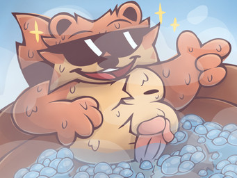 anthro bodily_fluids bubble eyewear genitals gesture glasses hand_gesture hot_tub male nipples nude overweight overweight_male penis pointing smile solo sparkles steam sweat justwatchingthings undertale_yellow mo_(undertale_yellow) mammal procyonid raccoon 4:3 hi_res