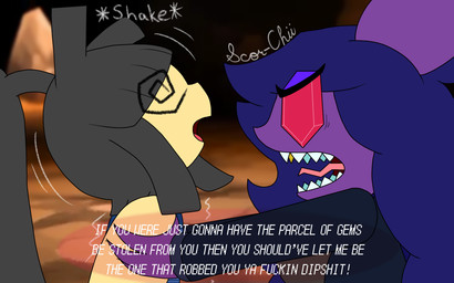 angry anthro dizzy duo female male male/female open_mouth shaking sharp_teeth teeth text yelling scor-chii nintendo pokemon fang_(scor-chii) generation_3_pokemon mawile pokemon_(species) sableye 16:10 absurd_res english_text hi_res widescreen