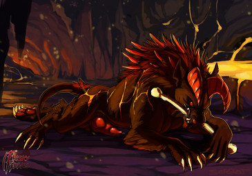 bone brown_body brown_fur cave chewing claws erection feet feral free_content fur genitals hell hindpaw horn knot lava male mane pawpads paws penis quills_(anatomy) red_body red_eyes red_fur red_nose snarling solo spines stalactite tail conditional_dnp sefeiren frisky_ferals mythology canid canid_demon canine demon hellhound mammal monster mythological_canine mythological_creature hi_res