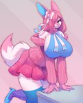 alternative_fashion anthro big_breasts bottomwear breasts clothing female footwear hair high_heels huge_breasts j-fashion jacket legwear pink_hair shirt shoes skirt solo thigh_highs topwear white_body alphadesu nintendo pokemon fan_character sylv_(sylv_ink) eeveelution generation_6_pokemon pokemon_(species) sylveon absurd_res hi_res pink_theme