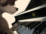 anthro black_nose brown_body brown_fur brown_hair fur green_eyes hair keyboard_instrument male music musical_instrument piano playing_music playing_piano solo hushhusky hush_(hushhusky) canid canine canis domestic_dog husky mammal nordic_sled_dog spitz 2009 4:3 signature