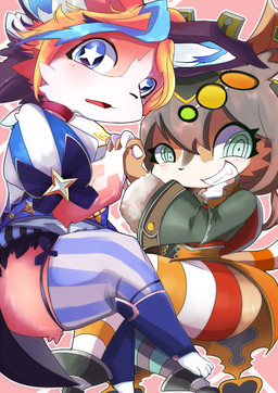 anthro blue_eyes blush clothed clothing cute_fangs duo fangs green_eyes grin looking_at_viewer smile teeth borushi cyberconnect2 drecom full_bokko_heroes cheshire_cat_(full_bokko_heroes) jabberwock_(full_bokko_heroes) canid canine cheshire_cat_(species) domestic_cat felid feline felis mammal 2015