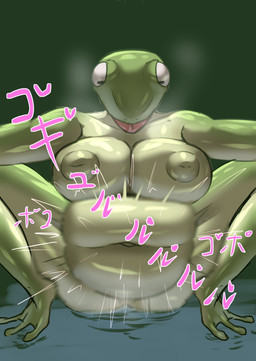 3_toes anthro anthro_pred belly big_belly big_breasts breasts crouching digestion feet female female_pred green_body horizontal_pupils looking_down navel nipples non-mammal_nipples overweight overweight_female pupils solo steamy_breath text thick_thighs toes tongue tongue_out vore reptairu amphibian frog hi_res