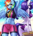 2018 absurd_res anthro anthrofied beach bikini butt clothing cloud digital_media_(artwork) duo equid equine eyelashes female friendship_is_magic hair hasbro hi_res horn long_hair looking_at_viewer mammal multicolored_hair my_little_pony mythological_creature mythological_equine mythology navel pegasus rainbow_dash_(mlp) rainbow_hair rarity_(mlp) seaside spread_wings swimwear text twistedscarlett60 two-piece_swimsuit unicorn wings