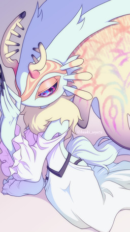 against_surface against_wall ambiguous_gender anthro antlers biped black_fingernails black_nails black_sclera blush butt chest_tuft clothed clothed_ambiguous clothed_anthro clothing colored_nails digitigrade dress fingernails fluffy fluffy_tail fur grey_background head_wings horn huge_wings kneeling mouthless multicolored_eyes nails neck_tuft panties pink_eyes pupils shoulderless_dress simple_background solo tail tan_body tan_fur teal_body teal_eyes teal_fur text three-quarter_view tuft underwear unusual_wing_placement white_clothing wings kuuki_soyo79 kirby_(series) kirby_and_the_forgotten_land nintendo elfilin fecto_elfilis alien chinchilla chinchillid mammal rodent starling_(kirby) 2024 9:16 artist_name digital_drawing_(artwork) digital_media_(artwork) full-length_portrait hi_res portrait