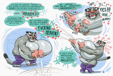 anthro big_breasts big_muscles big_pecs blush bodily_fluids breast_milking breasts cum ejaculation genital_fluids genitals heart_(marking) heart_symbol holding_breast huge_breasts huge_muscles huge_pecs hyper hyper_breasts hyper_muscles hyper_pecs lactating looking_pleasured male male_lactation markings milk muscular nipple_fetish nipple_pinch nipple_play nipples orgasm pecs penis pinch rubbing solo text lotolotl dreamworks kung_fu_panda tai_lung_(kung_fu_panda) felid leopard mammal pantherine english_text hi_res