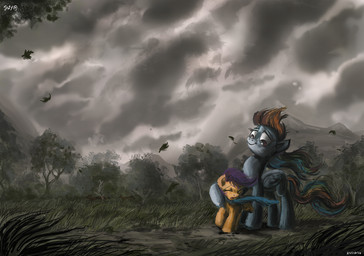blue_body blue_feathers blue_fur cloud cutie_mark duo feathered_wings feathers female feral fur grass hair multicolored_hair orange_body orange_feathers outside plant purple_eyes purple_hair rainbow_hair sky tree wind wings jowybean friendship_is_magic hasbro my_little_pony mythology rainbow_dash_(mlp) scootaloo_(mlp) equid equine mammal mythological_creature mythological_equine pegasus 2014