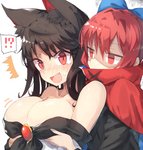 black_hair blush bodily_fluids breast_grab breasts cleavage clothed clothing duo exclamation_point female hair hand_on_breast looking_at_viewer question_mark red_eyes red_hair ribbons shocked simple_background tears white_background kasuka_(kusuki) touhou kagerou_imaizumi sekibanki animal_humanoid canid canid_humanoid human humanoid mammal mammal_humanoid 2017