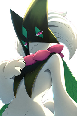 3_fingers ambiguous_anthro ambiguous_gender anthro biped fingers flower fur glistening glistening_eyes green_body green_fur green_tail handpaw leaf light looking_at_viewer looking_down looking_down_at_viewer mouth_closed paws pink_eyes pink_flower pink_nose plant pupils simple_background solo standing tail white_background rumine nintendo pokemon elemental_creature felid feline flora_fauna generation_9_pokemon mammal meowscarada pokemon_(species) 2026 2:3 half-length_portrait hi_res lighting portrait shaded