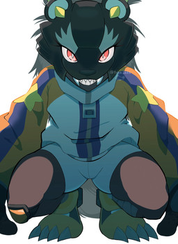 bottomwear clothing crouching fangs female grin hair mask paws ponytail raccoon_tail_hair red_eyes sharp_teeth shorts smile solo teeth track_jacket ziller toba16ks bandai_namco digimon digimon_beatbreak bearcatmon binturong_humanoid digimon_(species) humanoid hi_res