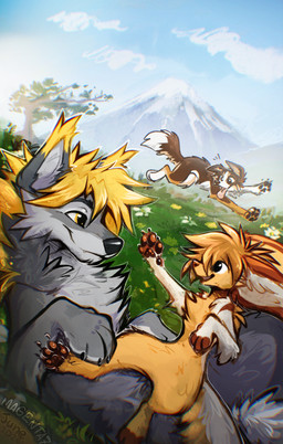 ambiguous_gender anthro biped claws day feet female feral fingers fur group hair male mountain nude nude_anthro nude_female nude_male outside paws plant sky smile tail teeth toes tree trio magenta7 canid canine canis domestic_dog fox mammal wolf 2026 absurd_res digital_drawing_(artwork) digital_media_(artwork) hi_res