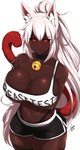 bell bell_collar big_breasts black_sclera bottomwear bra breasts brown_body brown_skin cleavage clothed clothing collar female hair legwear navel red_eyes shorts simple_background solo sports_bra thigh_highs underwear white_background white_hair airisubaka coco_latte_(ravenousuzi) animal_humanoid cat_humanoid felid felid_humanoid feline feline_humanoid humanoid mammal mammal_humanoid 2022 absurd_res hi_res