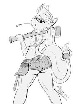 anthro athletic axe bottomwear bra clothed clothing female hotpants looking_back melee_weapon muscular pose shorts solo tool_belt underwear weapon pedalspony friendship_is_magic hasbro kinktober my_little_pony applejack_(mlp) equid equine horse mammal pony 2018 3:4 absurd_res hi_res monochrome pinup