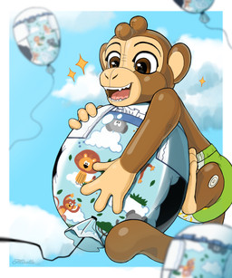 anthro balloon balloon_diaper brown_body clean_diaper clothed clothing diaper inflatable inflatable_diaper male open_mouth pattern_diaper pool_toy pull-ups_(diaper) sky smile solo tail teeth teeth_showing wearing_diaper obedientmirelle sunny_(zoran) animate_inanimate haplorhine living_inflatable mammal monkey primate absurd_res hi_res