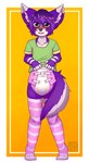 ageplay anthro blush clothed clothing crossdressing diaper dipstick_ears ear_markings front_view fur green_clothing green_eyes green_shirt green_t-shirt green_topwear hair infantilism inner_ear_fluff male multicolored_ears open_mouth pink_diaper purple_body purple_fur purple_hair roleplay shirt short_hair solo spotted_ears standing striped_arms t-shirt topwear tuft wearing_diaper white_body white_diaper white_fur white_inner_ear_fluff riddlr kuro_(blaze) canid canine mammal full-length_portrait hi_res portrait