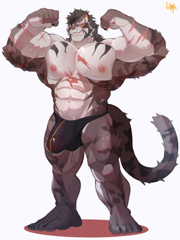 abdominal_scar abs anthro arm_scar balls big_muscles big_pecs black_claws black_clothing black_hair black_thong black_underwear bulge chest_scar claws clothed clothing detailed_bulge eye_scar facial_scar finger_claws flexing flexing_bicep flexing_both_biceps fur genitals grey_body grey_fur hair male multicolored_body multicolored_fur muscular muscular_anthro muscular_male muscular_thighs nipples pawpads pecs pink_pawpads quads scar smile solo striped_body striped_fur stripes tail thong thong_only toe_claws topless underpaw underwear underwear_only wet wet_body wet_fur white_body white_fur yellow_eyes gimpalchil sdorica yao_(sdorica) felid mammal pantherine tiger 2026 3:4 hi_res signature
