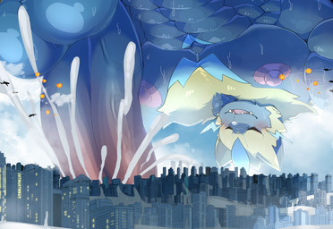 aircraft airplane all_fours balls big_penis blush bodily_fluids city cloud cum cum_on_ground destruction erection excessive_cum excessive_genital_fluids explosion eyes_closed flooding fur genital_fluids genitals giga humanoid_genitalia humanoid_penis landscape_dwarfing laser macro male nipples orgasm penis smoke solo vehicle yellow_body yellow_fur sharkinn nintendo pokemon felid generation_7_pokemon legendary_pokemon mammal pokemon_(species) zeraora absurd_res hi_res