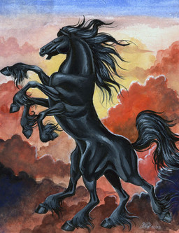 8_legs ambiguous_gender black_body black_eyes black_fur cloud detailed_background feral fur hooves mane multi_leg multi_limb on_hind_legs outside sky skyscape solo sunset tail connychiwa european_mythology mythology norse_mythology sleipnir equid equine horse mammal 2002