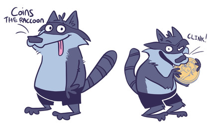 3_toes anthro biped bottomwear clothing coin dialogue feet male shorts slightly_chubby solo standing text toes tongue tongue_out srirachamander coins_(cattlechoir) mammal procyonid raccoon 2026 english_text hi_res