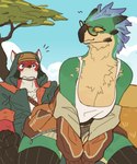 anthro biped blush breasts cleavage closed_smile clothed clothing detailed_background duo eyewear female fur glasses male mouth_closed orange_eyes plant red_body smile tan_body tan_fur thick_thighs tree white_body yellow_sclera yolabayola1 capcom monster_hunter alma_(monster_hunter) canid canine mammal seikret absurd_res hi_res