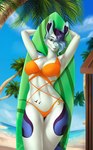 anthro beach blue_eyes breasts clothed clothing day detailed_background eyebrows eyelashes female hair looking_at_viewer midriff navel outside purple_hair sand seaside shoreline sky solo water elvofirida diana_(lord_ookami) kangaroo macropod mammal marsupial 2022 digital_media_(artwork)