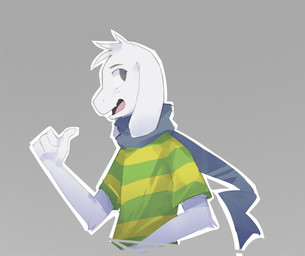 4_fingers ambiguous_gender anthro clothed clothed_anthro clothing fingers fur gesture green_clothing green_shirt green_t-shirt green_topwear grey_background hand_gesture head_tuft multicolored_clothing multicolored_shirt multicolored_t-shirt multicolored_topwear open_mouth open_smile pattern_clothing pattern_shirt pattern_t-shirt pattern_topwear scarf shirt side_view simple_background smile solo striped_clothing striped_shirt striped_t-shirt striped_topwear stripes t-shirt thumbs_up topwear tuft two_tone_clothing two_tone_shirt two_tone_t-shirt two_tone_topwear white_body white_fur yellow_clothing yellow_shirt yellow_t-shirt yellow_topwear young young_anthro notglacier undertale undertale_(series) asriel_dreemurr boss_monster_(undertale) bovid caprine goat mammal 2015 absurd_res digital_drawing_(artwork) digital_media_(artwork) english_description half-length_portrait hi_res portrait male_(lore)