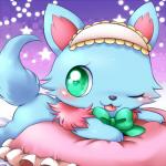 blue_body blue_fur blush bow_(feature) bow_accessory eyelashes female feral frilly fur green_bow green_eyes neck_bow one_eye_closed pillow pink_body pink_fur simple_background solo star star_polygon tongue tongue_out wink aimia492 jewelpet sanrio sega sega_fave milky_(jewelpet) canid canine canis chihuahua domestic_dog mammal toy_dog 1:1 low_res