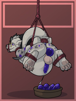 4_toes anthro anus balls bdsm belly big_belly bit_gag bondage bound dipstick_tail egg ejaculation erection eyewear feet gag gagged genitals glasses gold_glasses grey_body grey_spots grey_tail_tip hands-free hands_behind_back hanging_belly herm humanoid_genitalia humanoid_penis intersex markings oviposition pawpads penis pregnant pregnant_anthro pregnant_herm pregnant_intersex purple_anus purple_eyes purple_penis purple_spots restraints rope rope_bondage rope_harness round_glasses solo spots stretched_vagina suspension tail tail_markings toes vaginal_oviposition wearing_glasses bastiel mayternity mayternity_2026 lumos_(jct) kobold scalie 2026 3:4 digital_drawing_(artwork) digital_media_(artwork) english_description hi_res male_(lore)